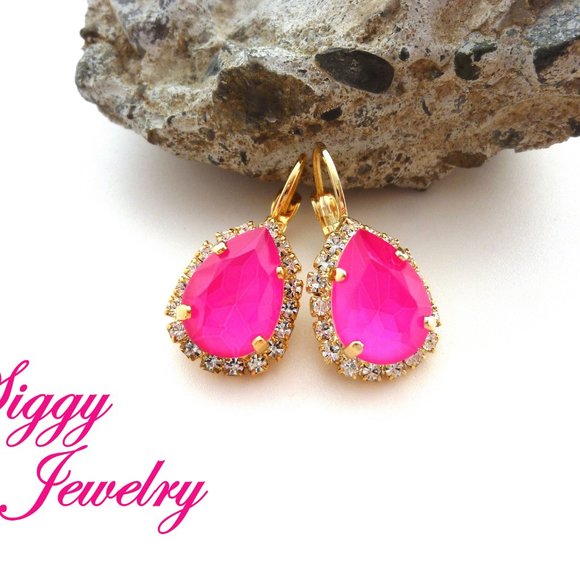 Electric Neon Pink Crystal Pear Shaped Halo Earrings, Hot Summery Pink Teardrops - Picture 4 of 5